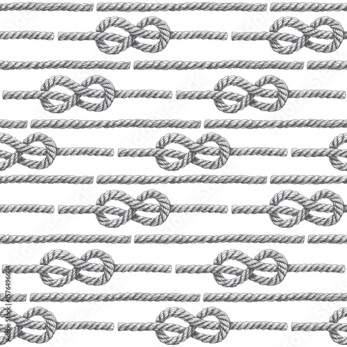 Seamless pattern of drawings knotted ropes realistic cords eight knots vector. Hand drawn illustration. Hand painted elements. Nautical thread whipcord with loops and noose background. Print, wrap