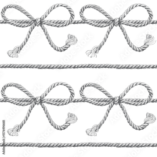 Seamless pattern of drawings rope cords with bow knots vector. Hand drawn illustration. Hand painted elements background.	Nautical thread whipcord. Print, wallpaper, wrapping paper