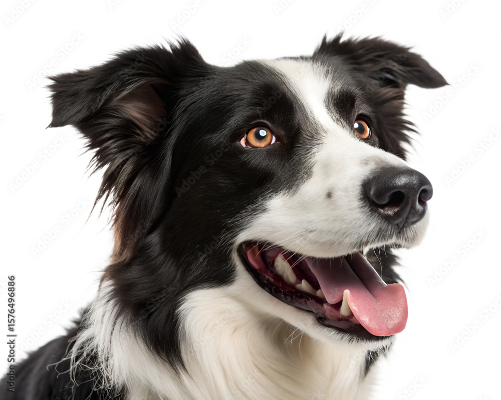 Fototapeta premium Close up portrait of a happy black and white border collie dog with bright eyes and an open mouth panting isolated on transparent background