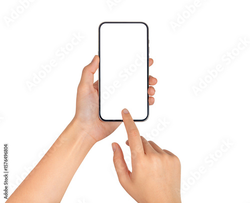 Hand using smartphone with blank screen isolated on transparent PNG.