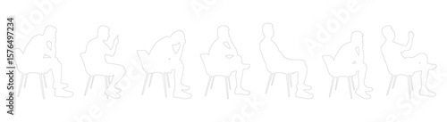Silhouette of man sitting on chair, side view. Thoughtful, sad, relaxing person. Vector illustration