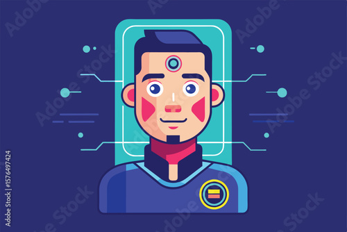 Illustration of a futuristic cartoon character featuring vibrant colors and digital elements. Represents technology and innovation with a playful and modern design.