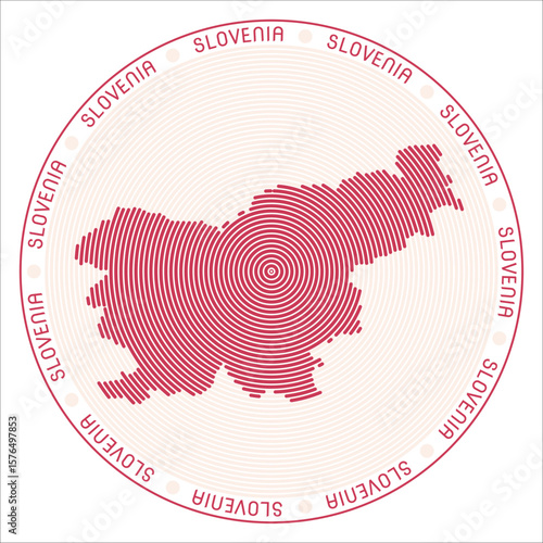 Slovenia round logo design. Country shape build of rings. Slovenia text around the country. Vector Illustration.