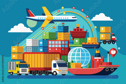 Illustration of global logistics featuring cargo transport by air, land, and sea. Includes airplanes, ships, trucks, and containers symbolizing worldwide shipping and trade connectivity.