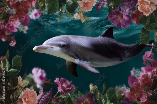 Dolphin Leaps Gracefully Through Vibrant Flowers in Underwater Paradise