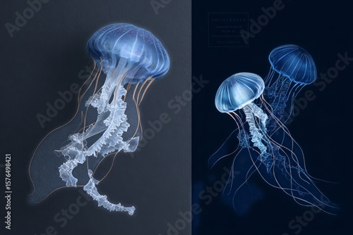 Two Jellyfish Swimming Gracefully in an Ocean Habitat Under Soft Blue Lighting