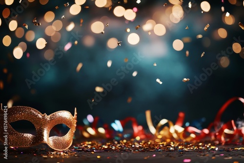 Festive Mask Surrounded by Colorful Confetti and Lights at a Celebration Event