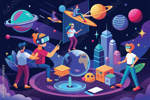 Illustration of a futuristic digital world with individuals exploring immersive virtual reality, showcasing innovation and technology with vibrant cosmic elements.