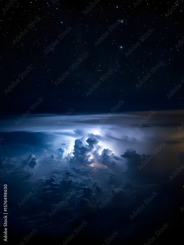 Fototapeta premium Lightning Strike Over Clouds - Dramatic Night Sky Landscape