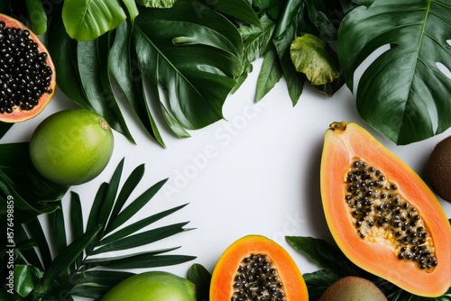Colorful Papaya and Tropical Leaves Arranged Beautifully on a Plain Background