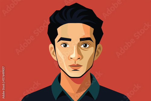 A colorful and striking vector illustration featuring a young man with an expressive face on a bold red background, capturing modern artistic style and