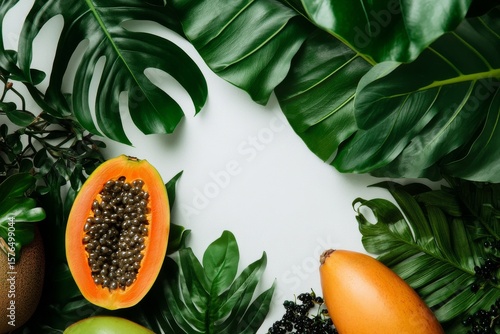 Fresh Tropical Fruits Arranged With Green Leaves on a Light Background