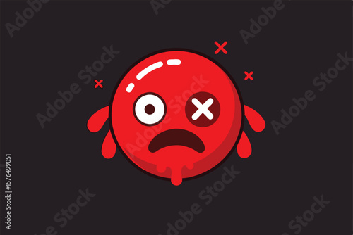 A red cartoon emoji with a drooping, distressed expression and symbolic eyes, set against a black background. Ideal for expressing confusion, frustration, or awkward moments in digital