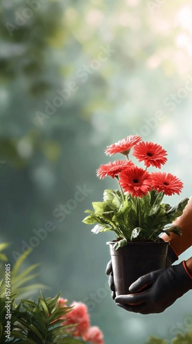 Bright Red Flowers Held by a Gardener in a Lush Outdoor Setting During Daylig...
