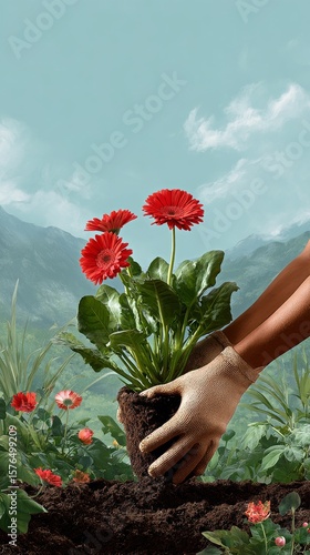 Gardener Planting Red Flowers in Rich Soil Against a Scenic Mountain Backdrop...
