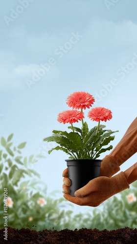 Gardener Planting Red Flowers in Rich Soil Against a Scenic Mountain Backdrop...