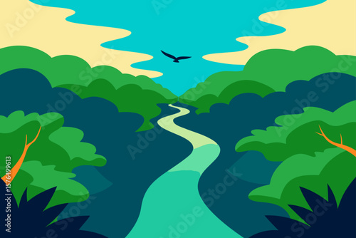Lush Amazon Rainforest Canopy Top Down View with River