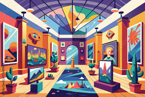 Explore a vibrant art gallery filled with contemporary abstract paintings, vibrant colors, and a unique atmosphere. Ideal for concepts of creativity, modern art, and artistic inspiration.