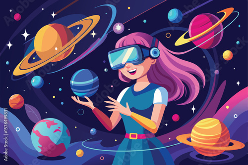 A young girl with pink hair uses virtual reality goggles to explore the colorful wonders of outer space and planets, showcasing advanced technology and the excitement of new worlds.