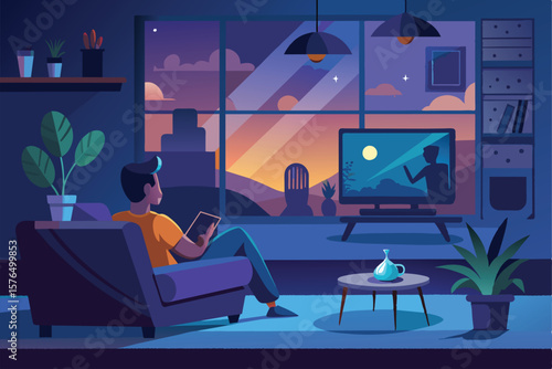 Illustration of a man enjoying a peaceful evening at home, sitting on a couch and watching television with a beautiful sunset view through the window.
