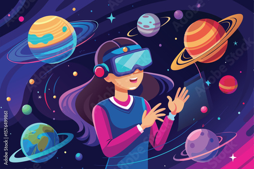 Illustration of a young girl experiencing outer space using virtual reality technology. She appears fascinated by planets and stars in a cosmic setting.