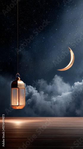 Moonlit Lantern Hanging Among Clouds and Stars in a Serene Night Setting