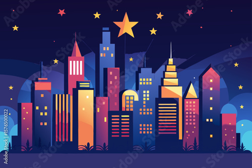 City Skyline at Night with Glowing Windows