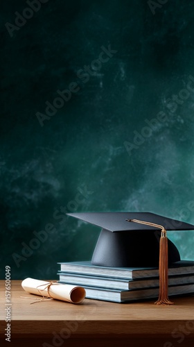 Graduation Cap and Diploma on a Wooden Table With Stacked Books and Vases