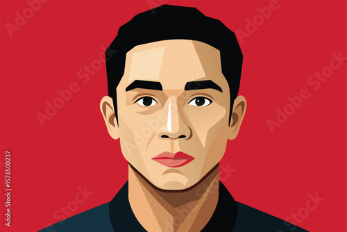 A striking vector illustration portraying a serious looking man against a bold red background. The artwork features sharp lines and vibrant colors, highlighting contemporary art style and expression.