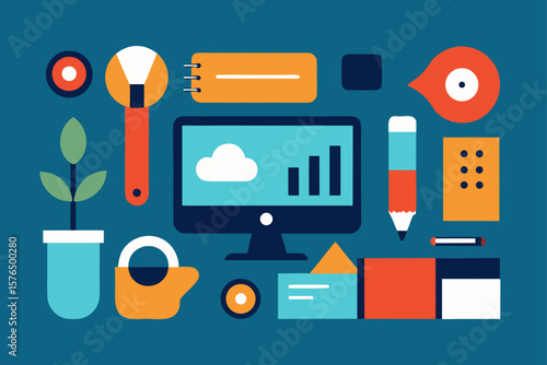 Top View of a Creative Workspace Desk with Abstract Objects