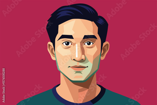Bright and colorful vector illustration depicting a geometric portrait of a serious young man against a vibrant background. Ideal for design and art projects.