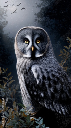 Majestic Owl Perched Under a Starry Night Sky in a Serene Forest Setting