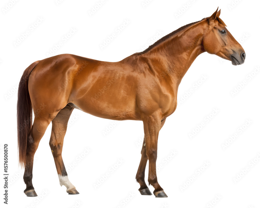 Naklejka premium A beautiful chestnut horse with a flowing mane and tail stands gracefully in profile isolated on transparent background