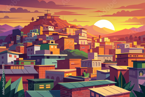 Layered Flat City Favela Rooftops Perspective