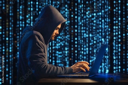 Person in Hoodie Types on Laptop With Binary Code Background at Night