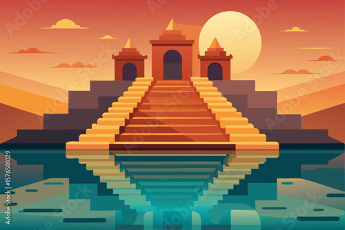 Varanasi Ghat Steps with Water Reflection Flat Vector