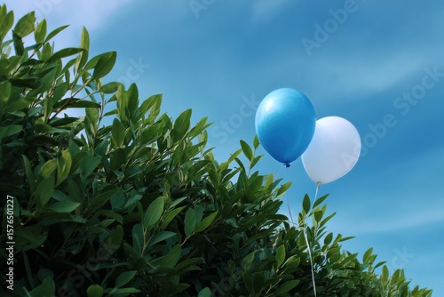 Colorful Balloons Floating Above Green Bushes Under a Clear Blue Sky on a Sun...