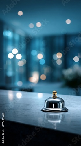 Elegant Metal Bell on Marble Counter in Softly Lit Modern Lobby During Evenin...