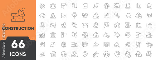Construction Line Icon Set. Set of 66 outline icons including building, tools, worker, helmet, blueprint, crane, and safety. Editable stroke. Linear vector illustration.