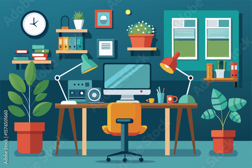 Illustration of a cozy home office featuring a computer, desk lamps, plants, shelves, and bright decor, creating an inviting and productive workspace environment.
