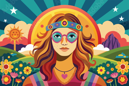 Vibrant artwork illustrating a retro hippie figure surrounded by psychedelic sun, nature, and floral designs, symbolizing peace and freedom. Perfect for themes of nostalgia and vintage styles.