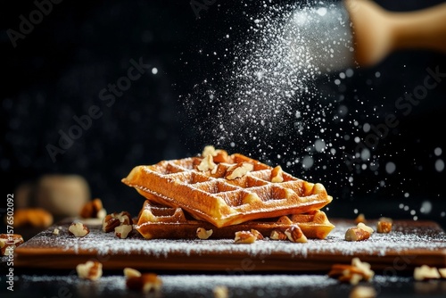 Waffles Topped With Walnuts and Powdered Sugar on Wooden Board in Dark Kitchen
