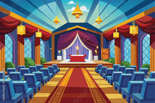 Opulent banquet hall featuring plush seating, ornate drapery, and grand architecture. Perfect for weddings, celebrations, or formal events with a sophisticated ambiance and stylish decor.
