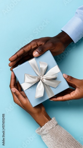 Present Exchange Between Diverse Hands With a Blue Gift Box and Elegant Ribbon