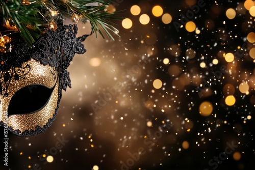Golden Mask Adorned With Glittering Details Surrounded by Shimmering Confetti...