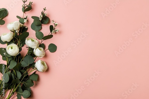 Elegant Bouquet of White Flowers and Greenery on a Soft Pink Background for D...