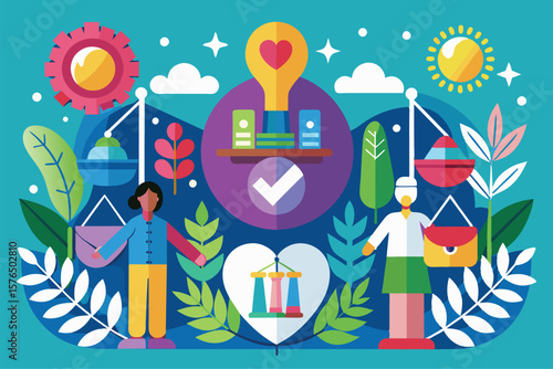 Colorful illustration depicting balance, equality, and sustainability through nature, scales, and people. Emphasizes harmony, diversity, and environmental responsibility in a modern artistic style.