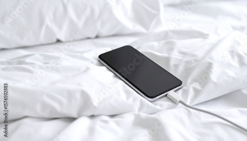 Smartphone charging on a white bed