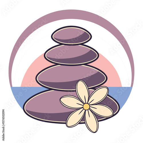Stacked stones with flower in circle silhouette vector illustration