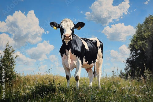 Majestic Cow Standing in a Vibrant Green Field Under a Blue Sky Filled With F...